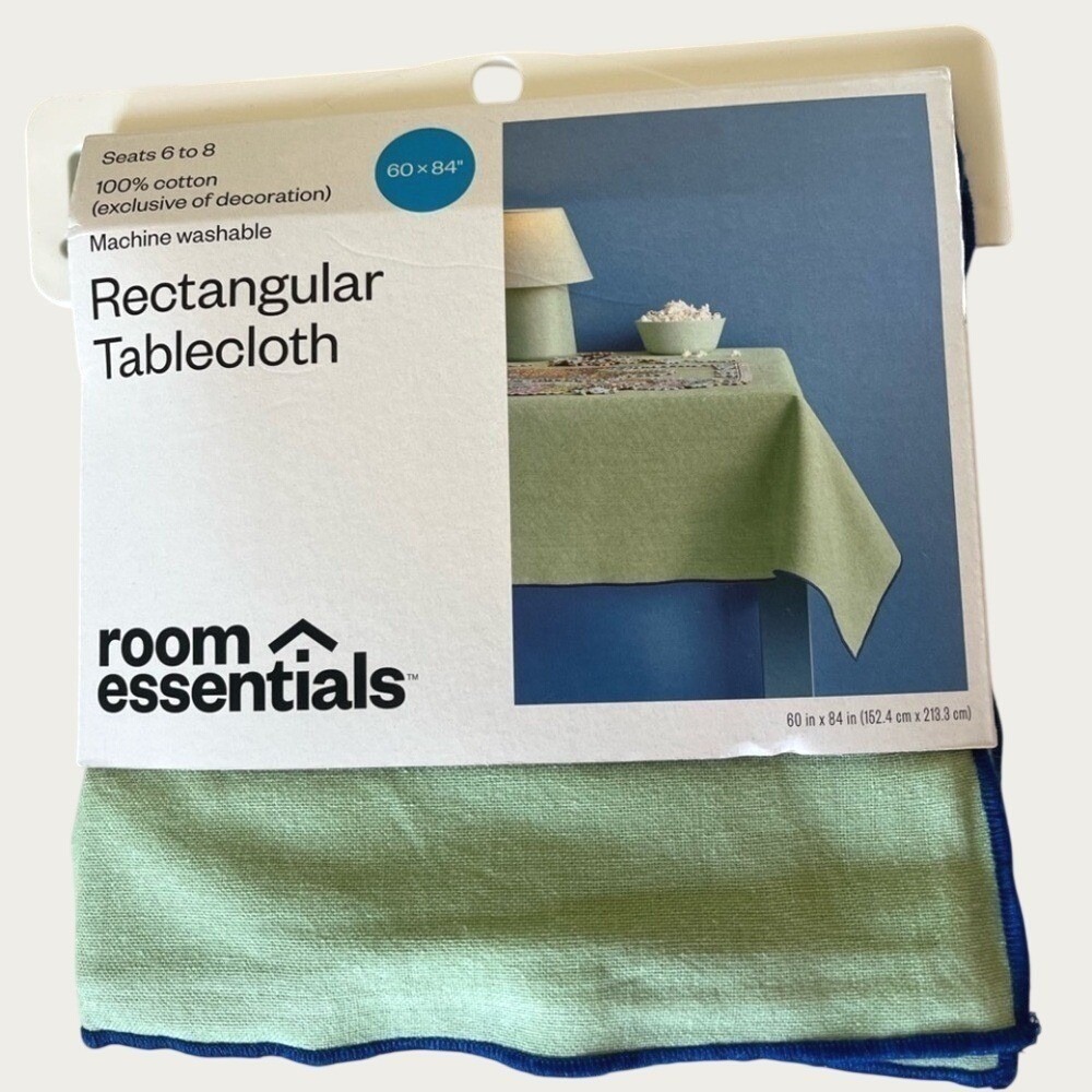 Room Essentials Rectangular Tablecloth Light Green Blue Trim Cotton 60 X 84 New